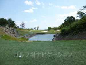 松コース2番ショートホール、フロントティからの眺め。池越えの打ち下し。ティグランドが人工芝。