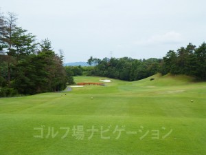 ティショットは打ち下し。左前方に池がある。ドライバーで届くので無理にドライバーを使わない方が安全。